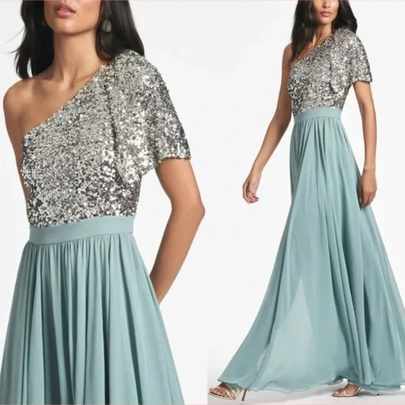 Sachin & Babi Jolie One Shoulder Sequin Gown Steel Blue - Picture 1 of 12